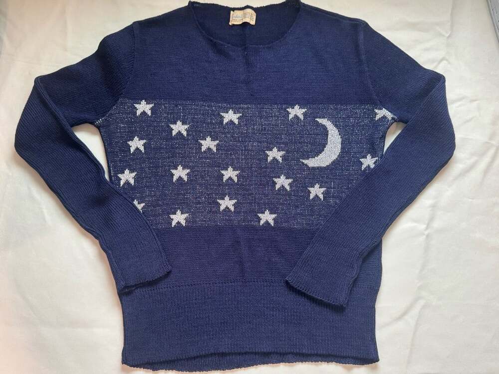 Vintage Celestial Moon Stars Metallic Knit Sweater Navy 70s 80s Small
